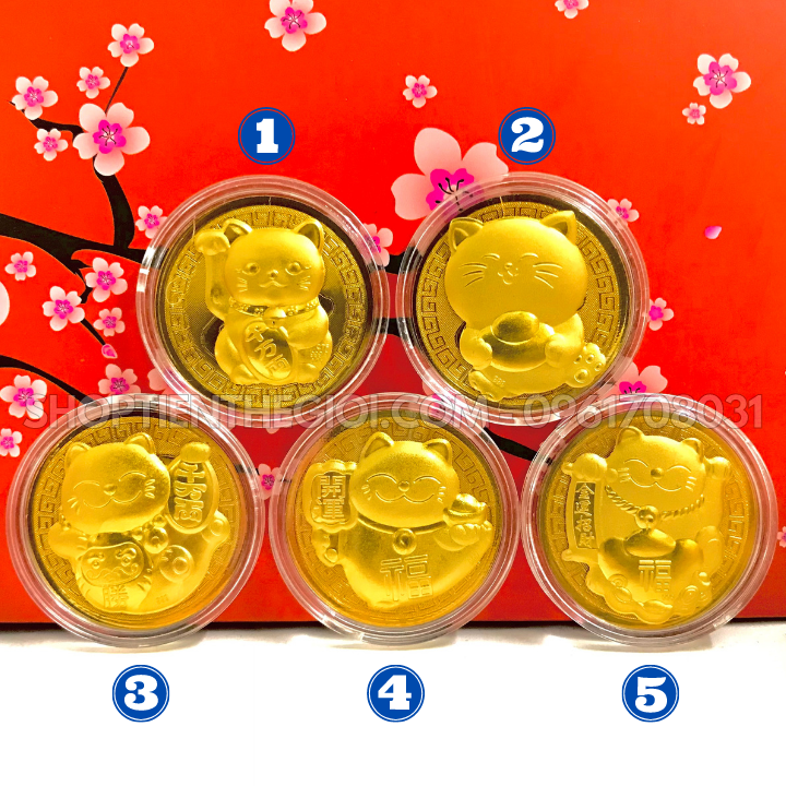 Đồng Xu Hình Con Mèo Thần Tài CUTE Tặng Túi Gấm Lộc - SP005915